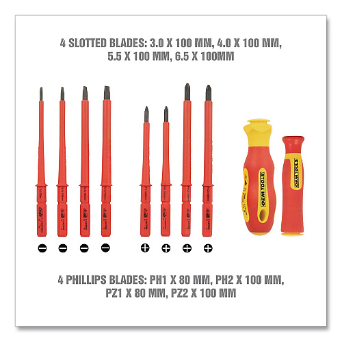 OEMTOOLS Insulated 10-Piece Interchangeable Bit Screwdriver Set, Metric Phillips and Slotted Blade Bits, Orange/Yellow Handle (22593)