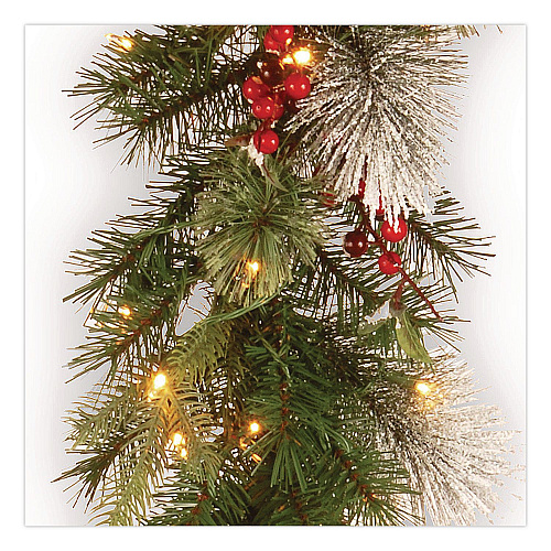 National Tree Company Pre-Lit Wintry Pine Garland, AC Powered, Clear Incandescent Lights, 108" Long, Green (PEWT3009B1)