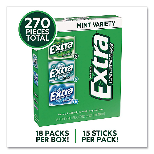 Wrigley's Extra Mint Variety Sugar-Free Gum, Peppermint/Polar Ice/Spearmint, 15 Sticks/Pack, 18 Packs/Carton (22002643)