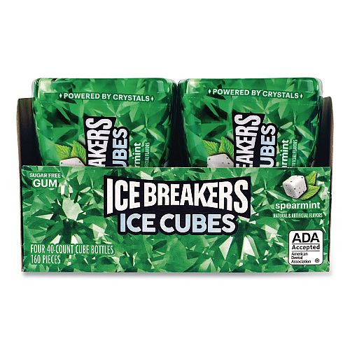 ICE BREAKERS Ice Cubes Spearmint Sugar-Free Gum, Spearmint, 40 Cubes/Bottle, 4 Bottles/Carton (22002651)