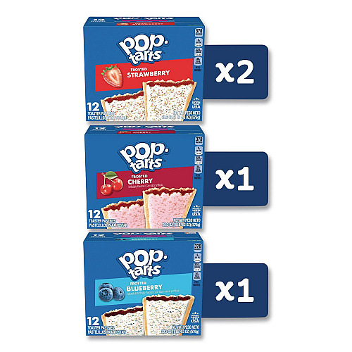 Kellogg's Pop Tarts, Assorted Flavors: Strawberry, Blueberry Cherry, 5 lb 1.2 oz Box, 48 Pastries/Carton (22002628)