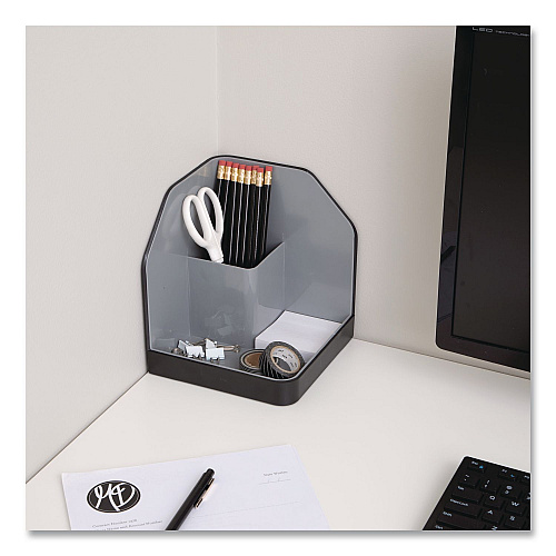 Advantus Fusion Plastic Corner Desktop Supplies Organizer, 2 Compartments, 6.67 x 7.4 x 6.67, Gray/Black, Plastic (38338)