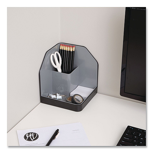 Advantus Fusion Plastic Corner Desktop Supplies Organizer, 2 Compartments, 6.67 x 7.4 x 6.67, Gray/Black, Plastic (38338)