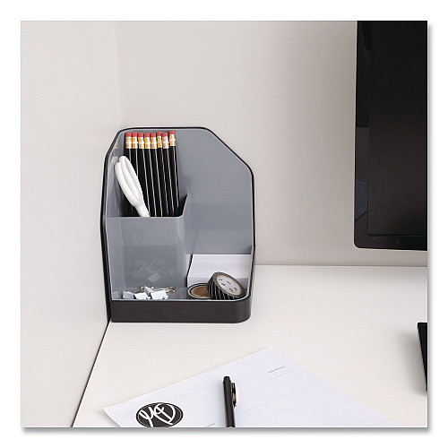 Advantus Fusion Plastic Corner Desktop Supplies Organizer, 2 Compartments, 6.67 x 7.4 x 6.67, Gray/Black, Plastic (38338)