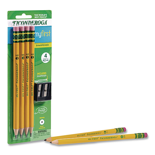 Dixon Ticonderoga My First Wooden Pencil, HB (#2), Black Lead, Yellow Barrel, 4/Pack (33309)