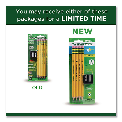 Dixon Ticonderoga My First Wooden Pencil, HB (#2), Black Lead, Yellow Barrel, 4/Pack (33309)
