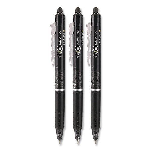 Pilot FriXion Ball Clicker Erasable Gel Pen, Retractable, Fine 0.7 mm, Black Ink, Black Barrel, 3/Pack (31464)