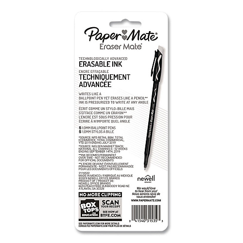 Paper Mate Eraser Mate Ballpoint Pen, Stick, Medium 1 mm, Blue Ink, Blue Barrel, 5/Pack (3153558PP)