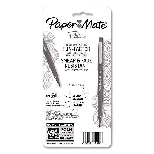 Paper Mate Flair Felt Tip Porous Point Pen, Stick, Medium 0.7 mm, Black Ink, Black Barrel, 4/Pack (8434452PP)