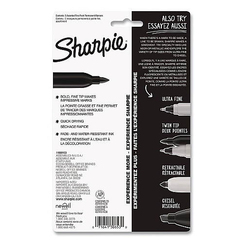 Sharpie Fine Tip Permanent Markers, Fine Tip, Assorted Colors, 5/Pack (30653PP)