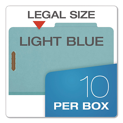 Pendaflex Pressboard Top Tab Classification Folders, 2/5-Cut Tab, Expands 3.5", 3 Dividers, 8 Fasteners, Legal Size, Blue, 10/Box (29094)
