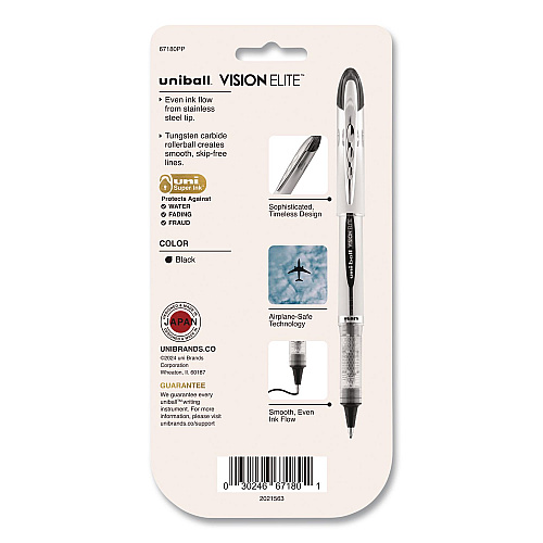 uni-ball VISION ELITE Rollerball Pen, Stick, Bold 0.8 mm, Black Ink, White/Black/Clear Barrel, 4/Pack (67180)