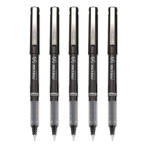 Pilot Precise V5 Rollerball Pen, Stick, Extra-Fine 0.5 mm, Black Ink, Black/Clear Barrel, 5/Pack (26010)