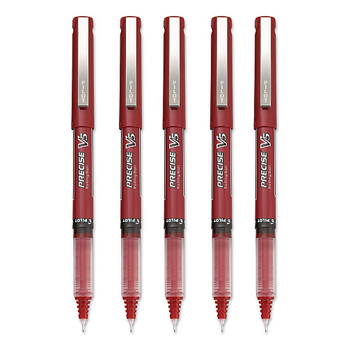 Pilot Precise V5 Rollerball Pen, Stick, Extra-Fine 0.5 mm, Red Ink, Red/Clear Barrel, 5/Pack (26012)