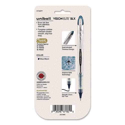 uni-ball VISION ELITE BLX Series Hybrid Gel Pen, Stick, Bold 0.8 mm, Blue-Infused Black Ink, White/Blue/Clear Barrel, 4/Pack (67182PP)