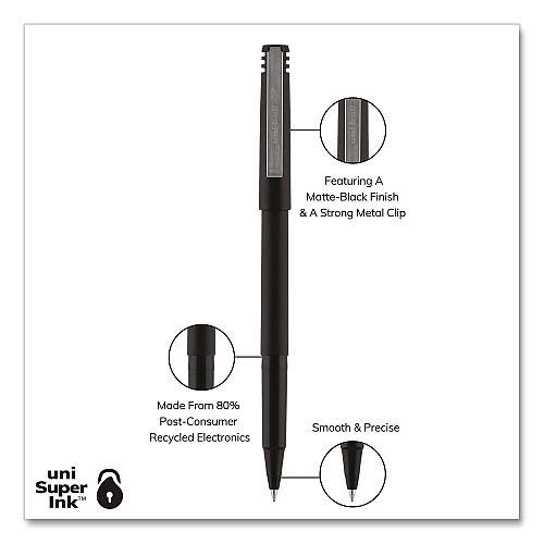 uni-ball Rollerball Pen, Stick, Micro 0.5 mm, Black Ink, Black Barrel (498774)