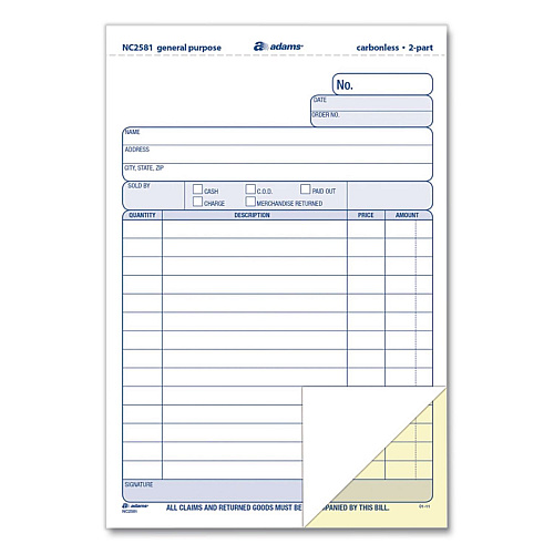 Adams General Purpose Forms, Two-Part Carbonless, 8.5 x 5.67, 100 Forms Total/Pack (NC2581)