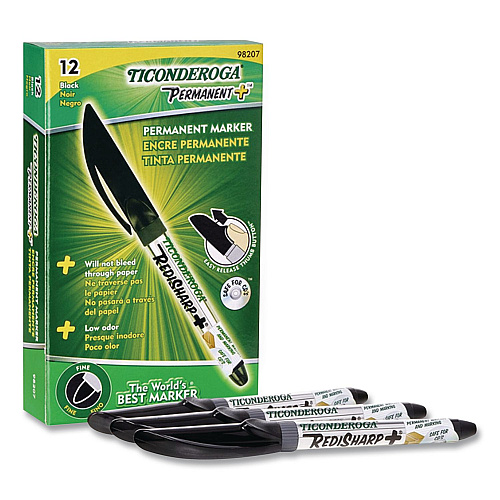 Ticonderoga RediSharp+ Permanent Markers, Fine Tip, Black, 12/Pack (98207)
