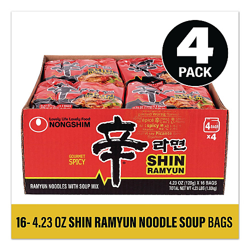 NONGSHIM Gourmet Spicy Ramyun Noodle Soup, Spicy Chicken, 4.23 oz Packet, 16/Carton (22002654)