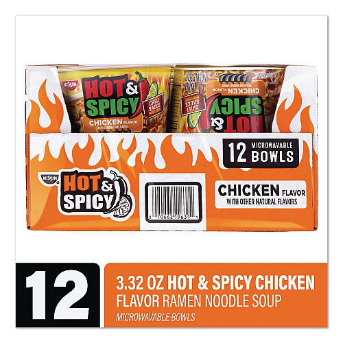 Nissin Hot and Spicy Chicken Soup Bowl, Chicken, 3.32 oz Bowl, 12/Carton (22002656)