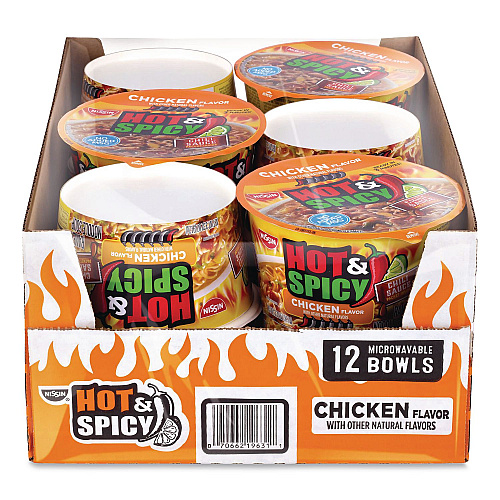 Nissin Hot and Spicy Chicken Soup Bowl, Chicken, 3.32 oz Bowl, 12/Carton (22002656)
