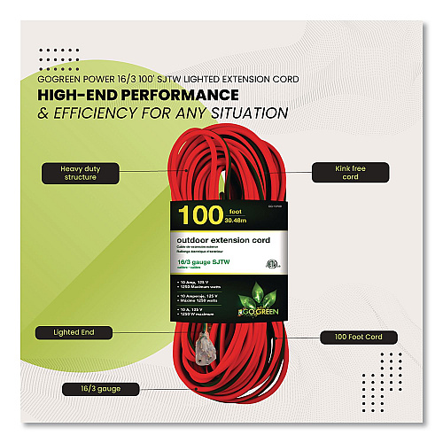 GoGreen Power 16 AWG Outdoor Extension Cord, 100 ft, 10 A, Orange (GG13700)