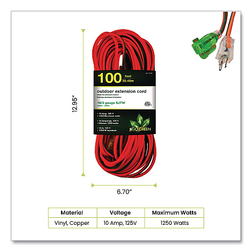 GoGreen Power 16 AWG Outdoor Extension Cord, 100 ft, 10 A, Orange (GG13700)