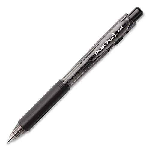 Pentel WOW! Ballpoint Pen, Retractable, Medium 1 mm, Black Ink, Smoke/Black Barrel, 18/Pack (BK440BP18A)