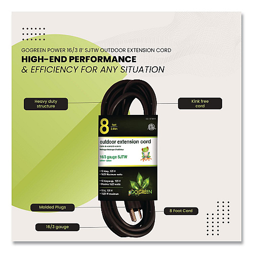 GoGreen Power 16 AWG Outdoor Extension Cord, 8 ft, 13 A, Black (GG13708BK)