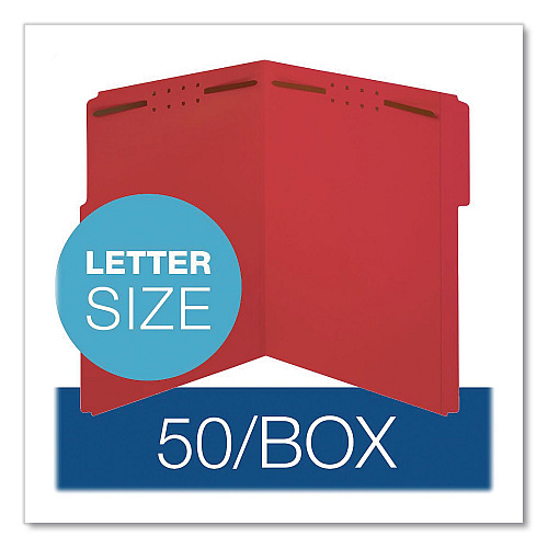 Pendaflex Colored Top Tab Fastener Folders, 1/3-Cut Tab: Assorted, Expands 2", 2 Fasteners, Letter Size, Red, 50/Box (22740)