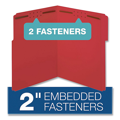 Pendaflex Colored Top Tab Fastener Folders, 1/3-Cut Tab: Assorted, Expands 2", 2 Fasteners, Letter Size, Red, 50/Box (22740)