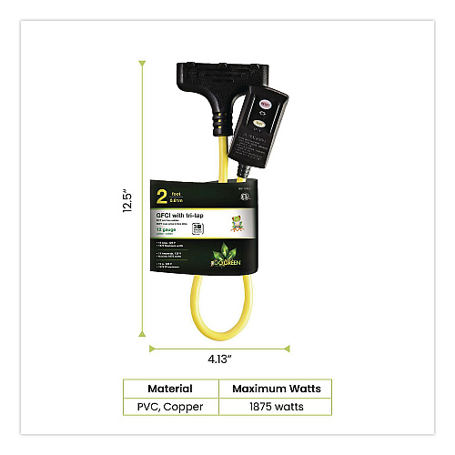 GoGreen Power Portable Tri-Tap with GFCI, 3 Outlets, 2 ft Cord, Yellow (GG12402)