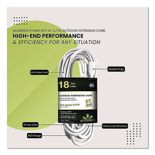 GoGreen Power 16 AWG Outdoor Extension Cord, 18 ft, 13 A, White (GG13718WH)