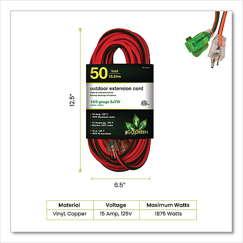 GoGreen Power 12 AWG Lighted End Heavy-Duty Extension Cord, 50 ft, 15 A, Orange/Black (GG14050)