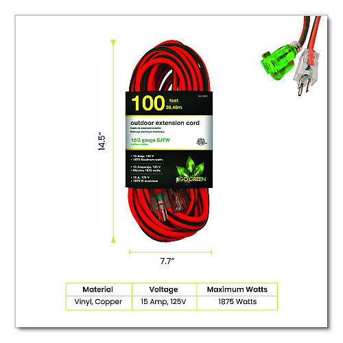 GoGreen Power 12 AWG Lighted End Heavy-Duty Extension Cord, 100 ft, 15 A, Orange/Black (GG14000)
