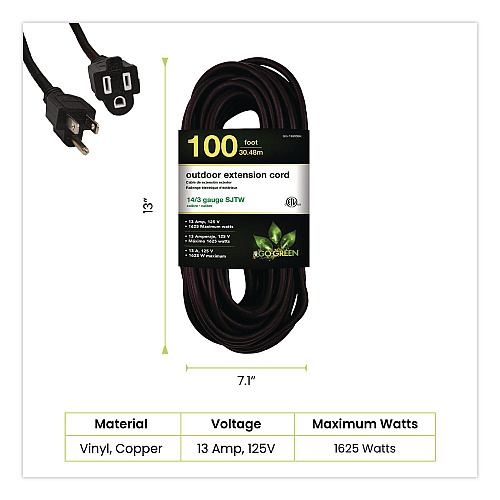 GoGreen Power 14 AWG Heavy-Duty Extension Cord, 100 ft, 13 A, Black (GG13800BK)