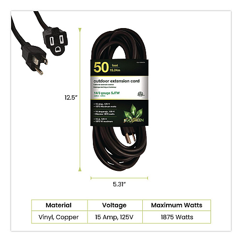 GoGreen Power 14 AWG Lighted End Heavy-Duty Extension Cord, 50 ft, 15 A, Black (GG13850BK)
