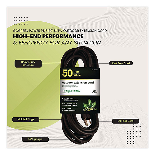 GoGreen Power 14 AWG Lighted End Heavy-Duty Extension Cord, 50 ft, 15 A, Black (GG13850BK)