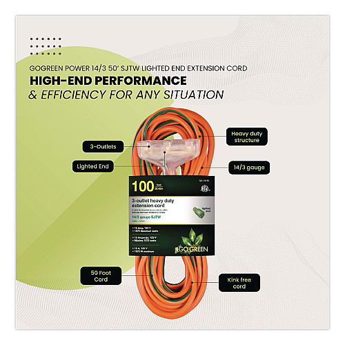 GoGreen Power 14 AWG 3-Outlet Heavy-Duty Extension Cord, 100 ft, 13 A, Orange (GG15100)