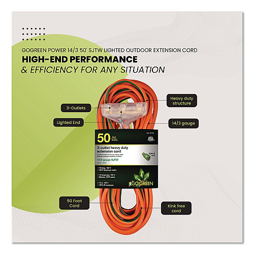 GoGreen Power 14 AWG 3-Outlet Heavy-Duty Extension Cord, 50 ft, 15 A, Orange (GG15150)
