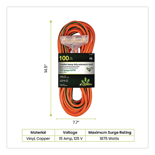 GoGreen Power 12 AWG 3-Outlet Heavy-Duty Extension Cord, 100 ft, 15 A, Orange (GG15200)