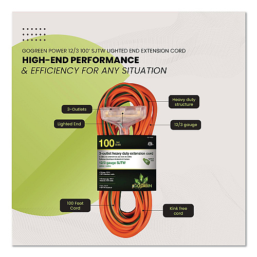 GoGreen Power 12 AWG 3-Outlet Heavy-Duty Extension Cord, 100 ft, 15 A, Orange (GG15200)