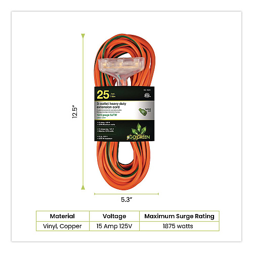 GoGreen Power 12 AWG 3-Outlet Heavy-Duty Extension Cord, 25 ft, 15 A, Orange (GG15225)