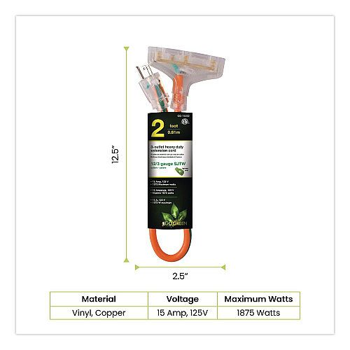 GoGreen Power 12 AWG 3-Outlet Heavy-Duty Extension Cord, 2 ft, 15 A, Orange (GG15302)