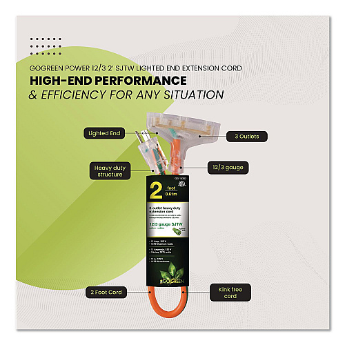 GoGreen Power 12 AWG 3-Outlet Heavy-Duty Extension Cord, 2 ft, 15 A, Orange (GG15302)