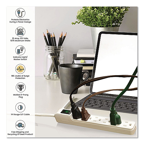 GoGreen Power 6 Outlet Mini Surge Protector, 2 ft Cord, 160 J, White (GG16103MIN)