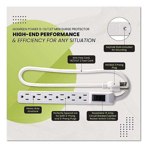 GoGreen Power 6 Outlet Mini Surge Protector, 2 ft Cord, 160 J, White (GG16103MIN)