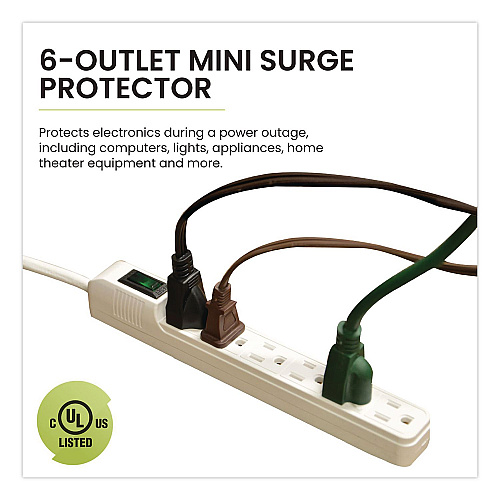 GoGreen Power 6 Outlet Mini Surge Protector, 2 ft Cord, 160 J, White (GG16103MIN)