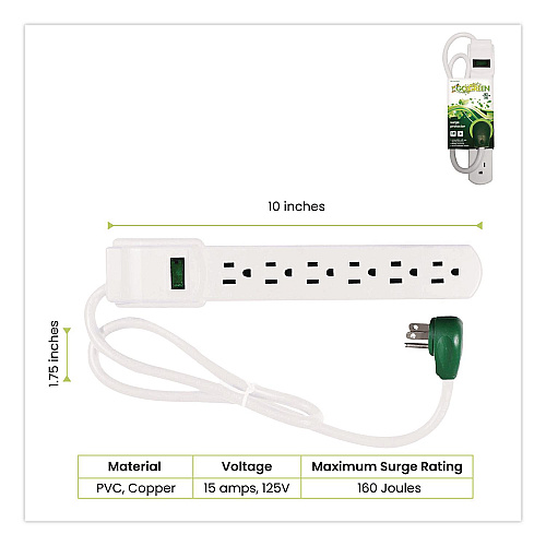 GoGreen Power 6 Outlet Surge Protector, 2.5 ft Cord, 160 J, White (GG16103MS)