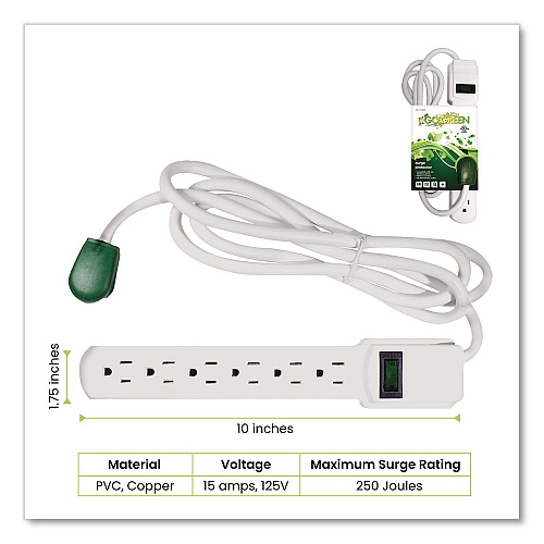 GoGreen Power 6 Outlet Surge Protector, 6 ft Cord, 250 J, White (GG16106MS)